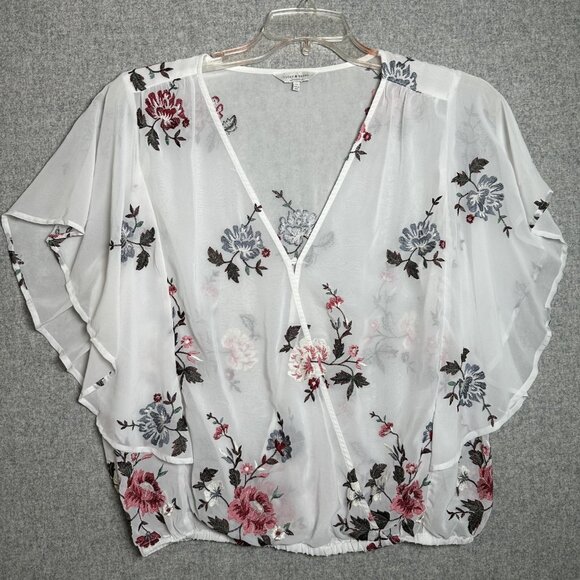 Lucky Brand XL Womens Top Sheer Embroidered Vneck White Floral Boho Cottage - Picture 1 of 16